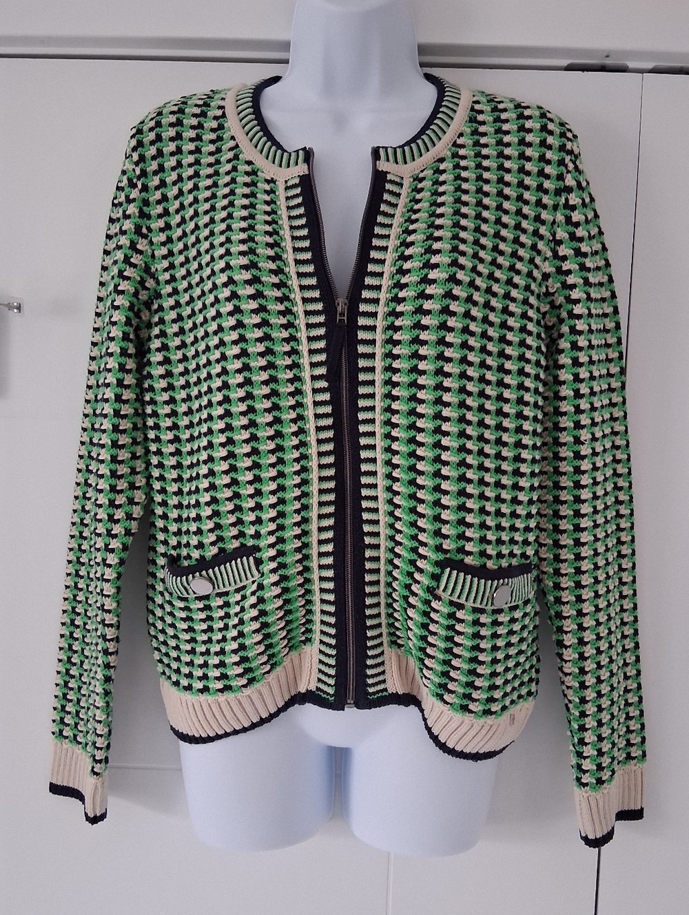 Olsen/ Henny/ Green, Navy, Cream, Knit Zip Cardigan/ Pocketed/ Size US S